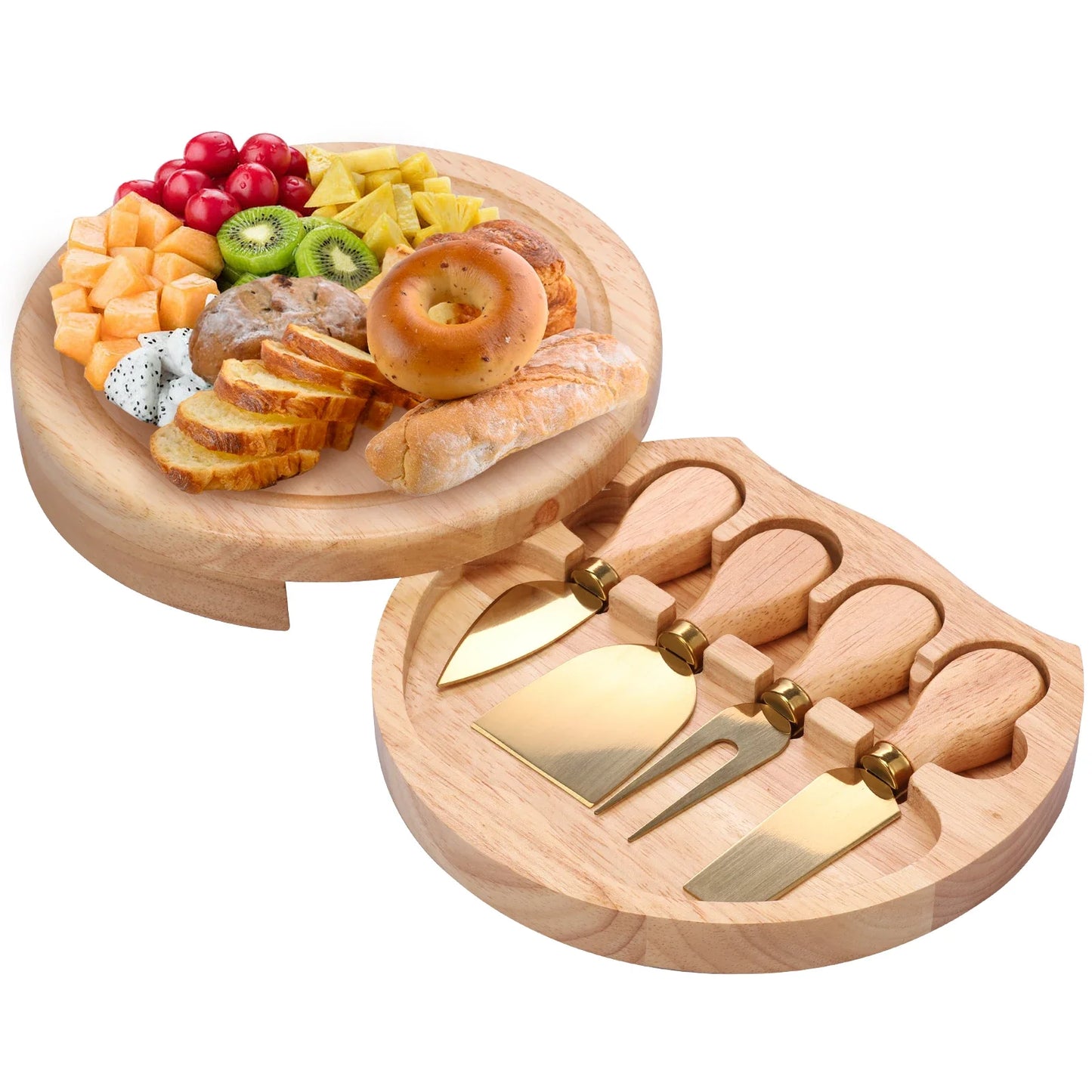 Tabla de Bambú para Pizza y Quesos con Cuchillo Incluido – Bandeja Multiusos para Pasteles, Postres, Pan y Botanas | Ideal para Fiestas, Navidad y Reuniones