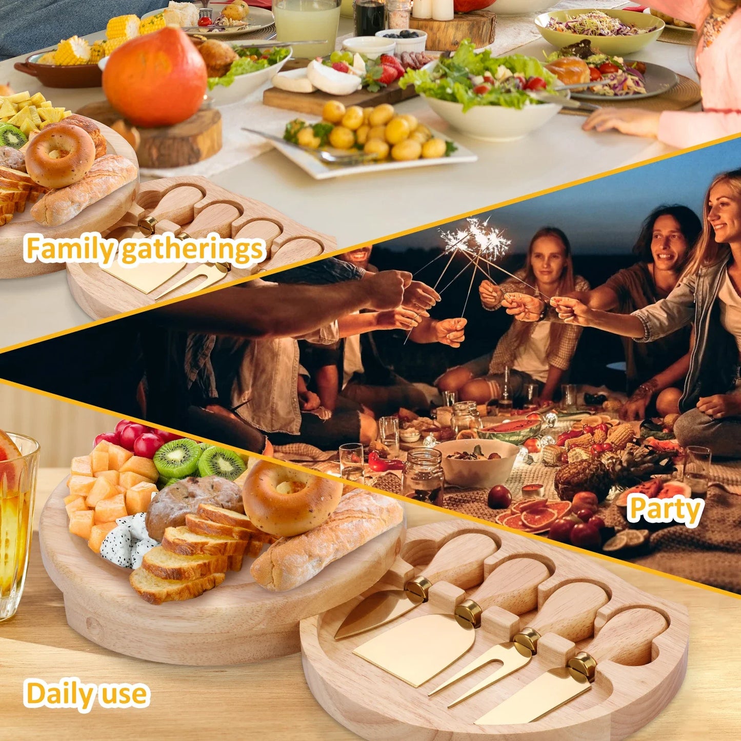 Tabla de Bambú para Pizza y Quesos con Cuchillo Incluido – Bandeja Multiusos para Pasteles, Postres, Pan y Botanas | Ideal para Fiestas, Navidad y Reuniones