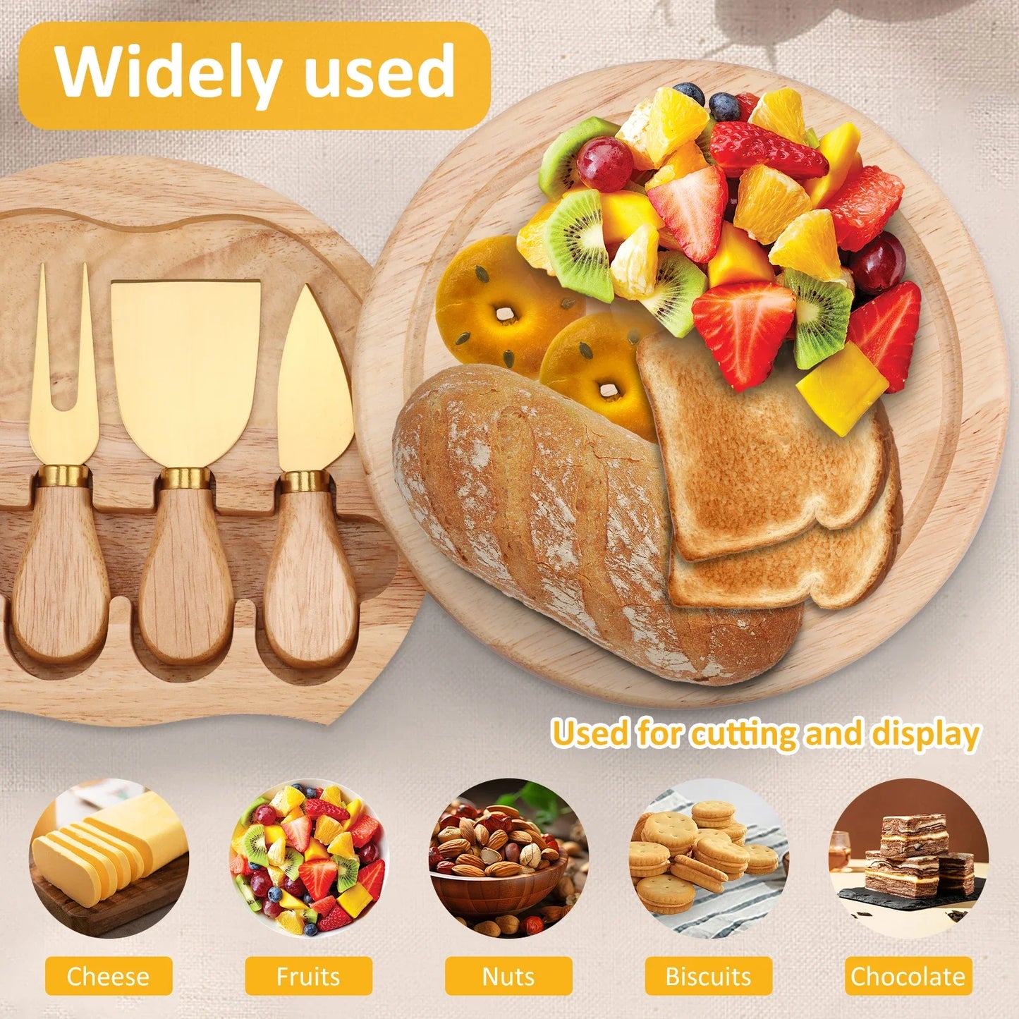 Tabla de Bambú para Pizza y Quesos con Cuchillo Incluido – Bandeja Multiusos para Pasteles, Postres, Pan y Botanas | Ideal para Fiestas, Navidad y Reuniones